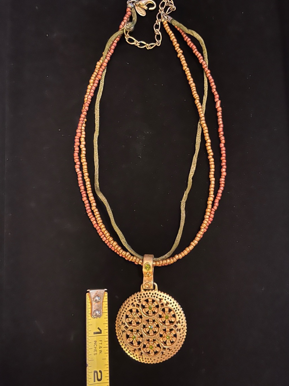 Premier Designs Gold Filigree Medallion Necklace with Olive and Copper Beads
